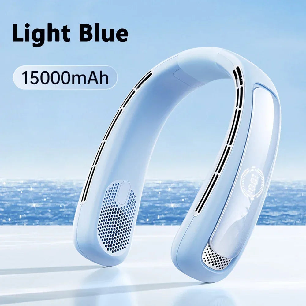 15000mah Portable Neck Fan Smart Digital Display USB Rechargeable Outdoors Bladeless Silent Cooling Neck Fan For Summer Sport
