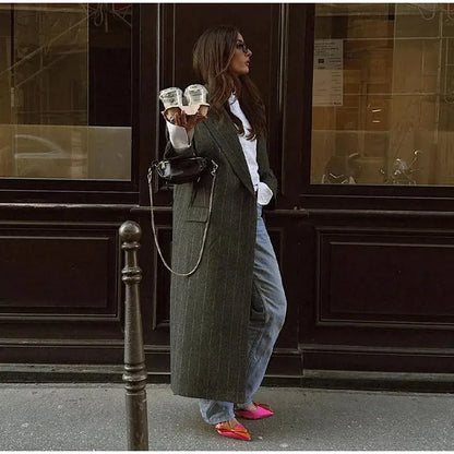 Retro Striped Lapel Woolen Long Coat Women Casual Loose Dark Grey Oversize Coats Female Winter Elegant Chic Outwear