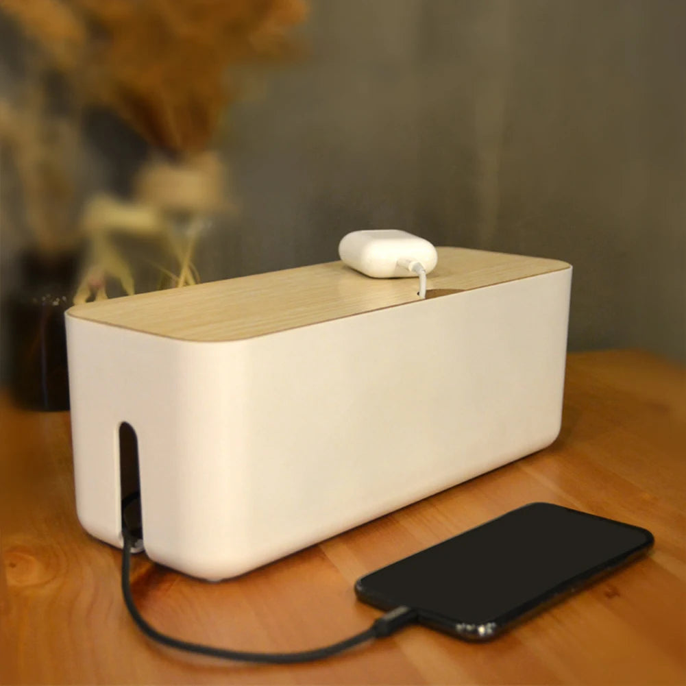Socket Cable Organizer Box Wooden Style Cord Storage Case Dustproof Charging Data Cable Management Device for TV Wires/Computer