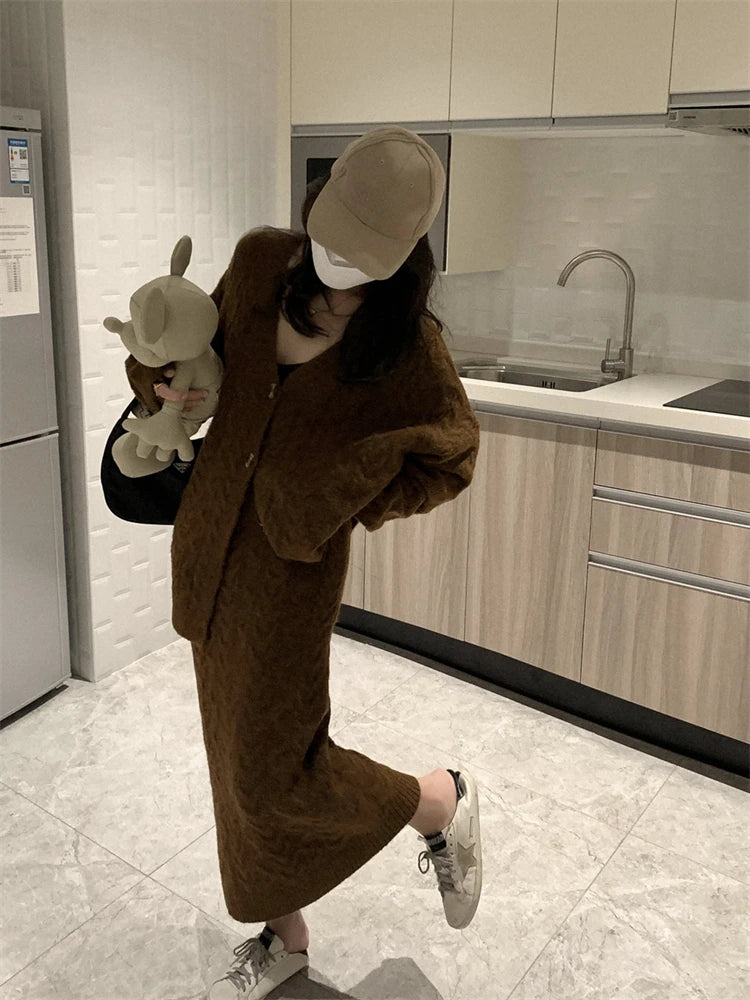 Women Sweater Winter 2 Piece Sets Elegnat Knitted Suits Female Sweaters Vintage Womens Skirt High Waist Autumn Vintage Vestidos