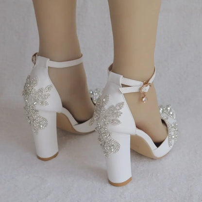 2025 Thick Heel Pointed Toe Shoes Large Size  Thick Heel Sandals Women Rhinestone Wedding Shoes Women White Wedding Shoes Drill