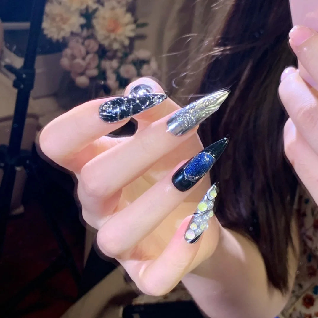 10Pcs Short Press On Nails y2k Star Rhinestone Design Handmade Press On nails Luxury With Design Full Cover Removable Fake Nails