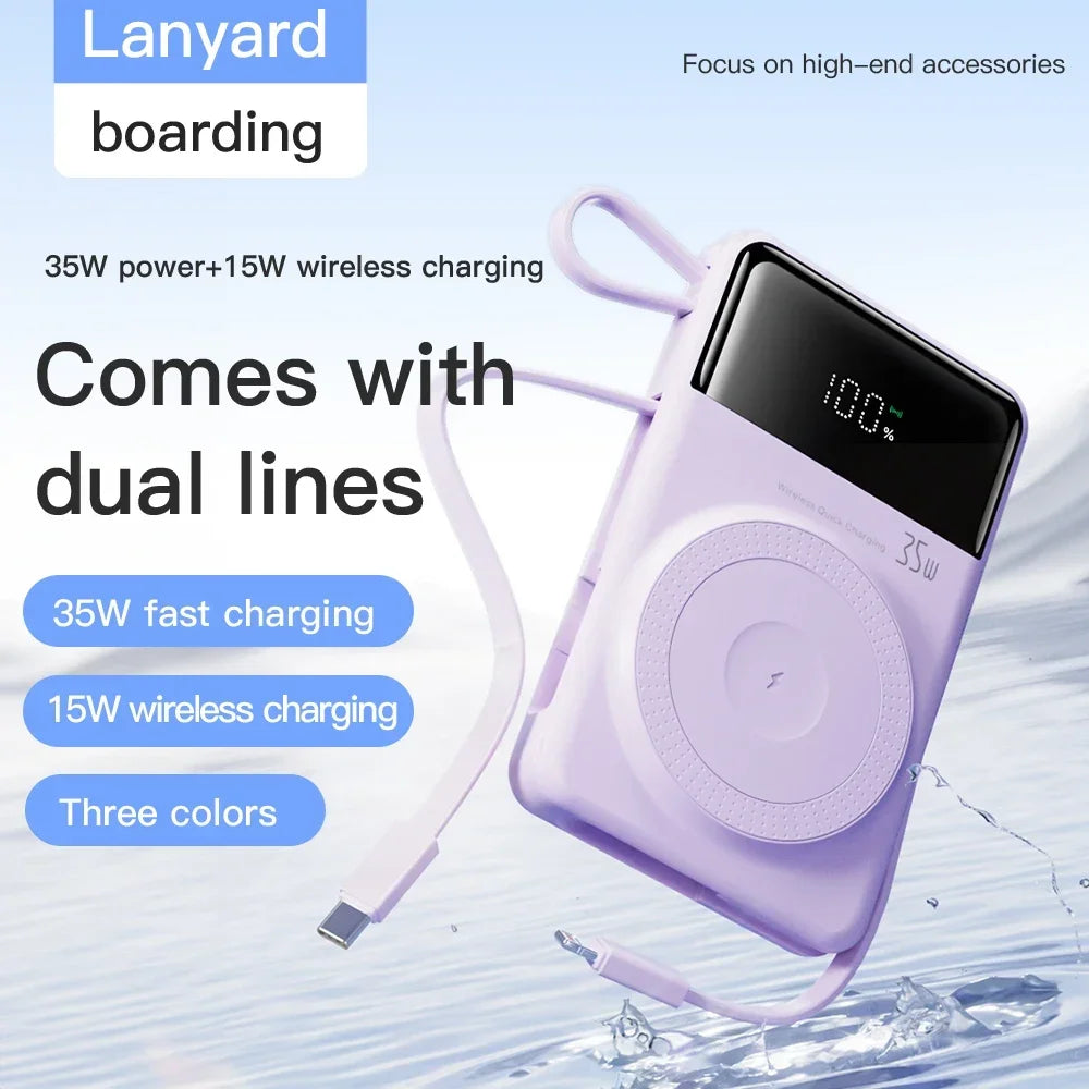 New Portable Built in Cables Magnetic Wireless Power Bank PD35W Fast Charging 20000mAh Large Capacity Powerbank for iPhone 16 15