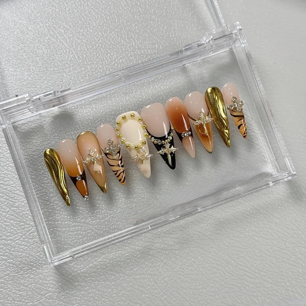 10PCS Handmade Manicure Press-On Nails French Style Medium Almond Shape with Blue Bow Design Includes Adhesive And Nail File Set