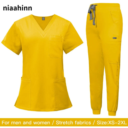 Scrubs Uniform Suit Short Sleeve V-neck Tops+jogger Pants Set Nursing Uniform Women Multicolor Pet Doctor Scrub Medical Workwear