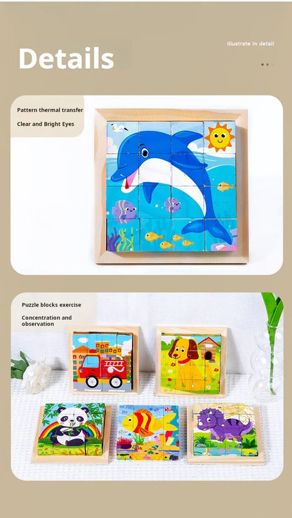 Six Sides Painted Wooden Puzzle Three-Dimensional Traffic Animal Puzzle Building Blocks Early Education Educational Toy