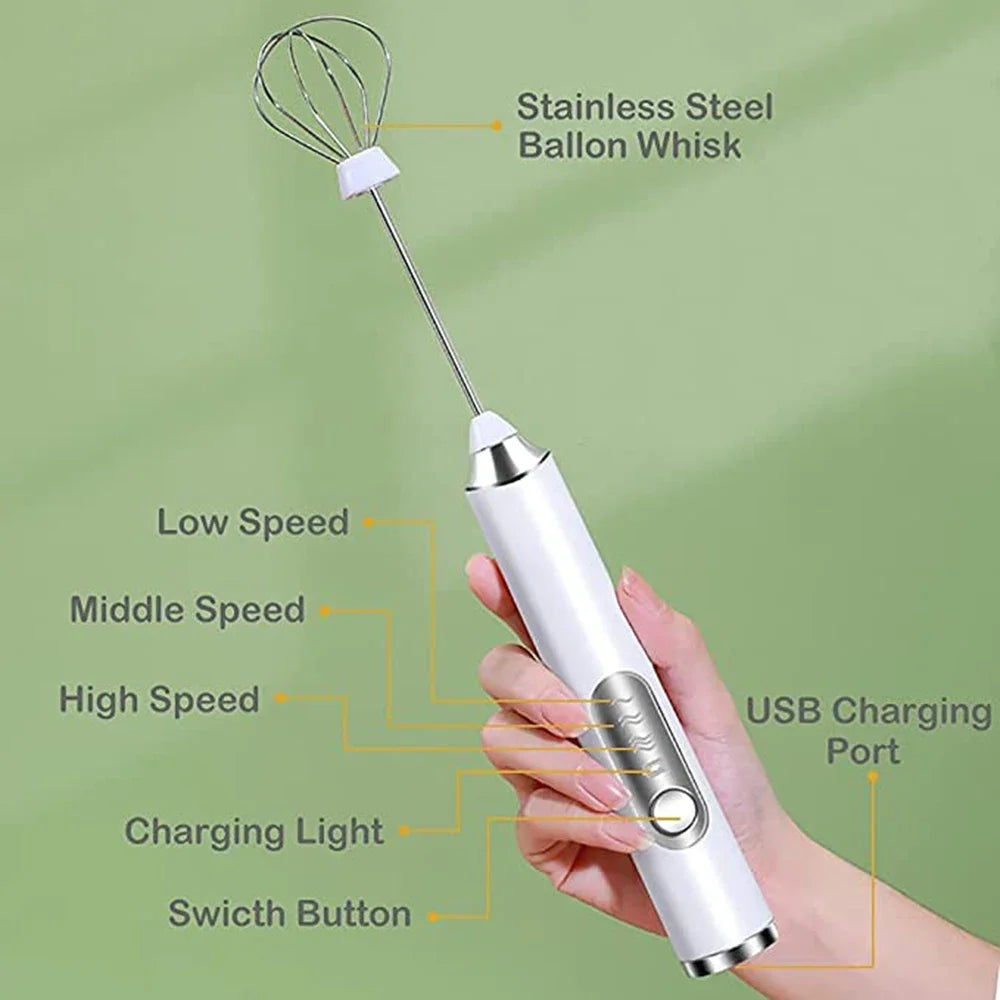 Electric Foamer Mixer Whisk Beater Stirrer 3-Speeds Coffee Milk Drink Frother USB Rechargeable Handheld Food Blender Whisk
