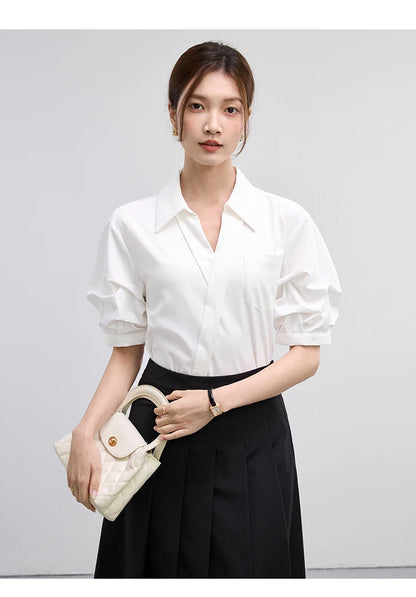 Office Lady Basics Fashion White Shirts New Women Summer Work Solid V Neck Tops Blouses French Design Interview Shirt Cotton