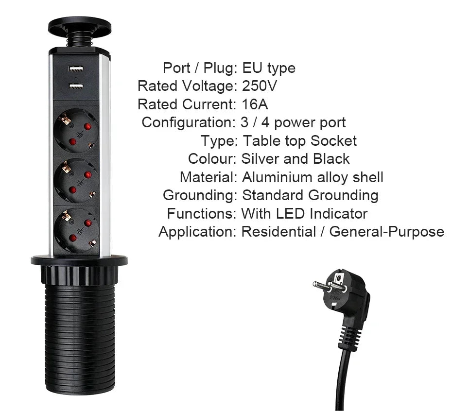 16A PULL POP UP 3 Power EU Socket New Black Color Port Kitchen Table Desktop Sockets Retractable Countertops French Plug