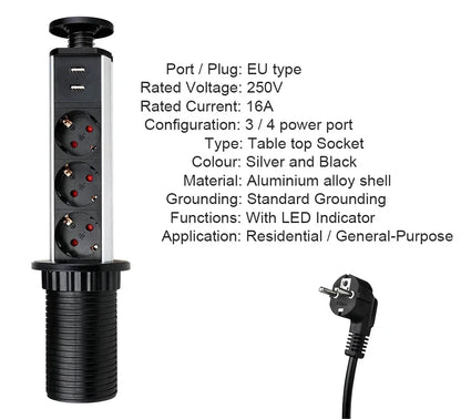 16A PULL POP UP 3 Power EU Socket New Black Color Port Kitchen Table Desktop Sockets Retractable Countertops French Plug