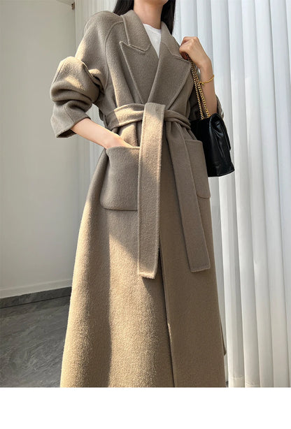 Office Lady Woolen Jackets 2024 Autumn And Winter Bathrobe Style Pocket Double-Sided Loose Lace -Up Tie Women's Long Wool Coats