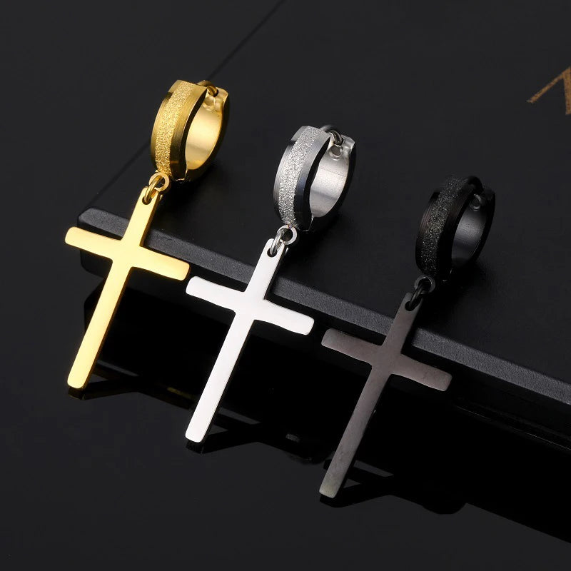 Punk Stainless Steel Frosting Hoop Earrings Design Women Men Pierced Cross Ear Jewelry Accessories Party Dangle Earring