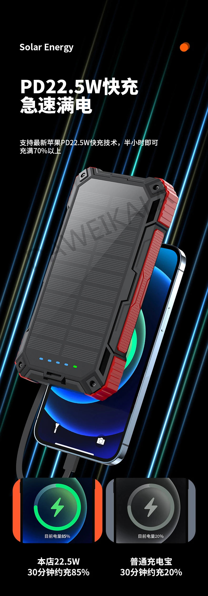 Solar panels Power bank Wireless charging solar phone charger 68000mAh with outdoor lighting Phone Charger 15W Wireless charging