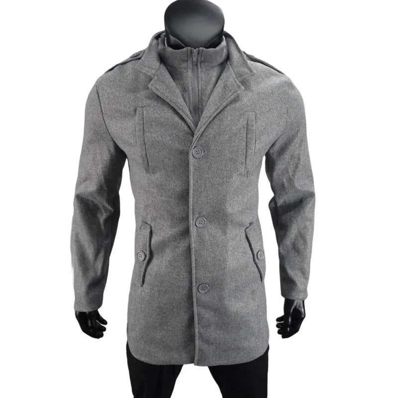 New Woolen Mens Coat Medium and Long Zipper Jacket Large Size Fake Two-piece Set Cardigan for Men