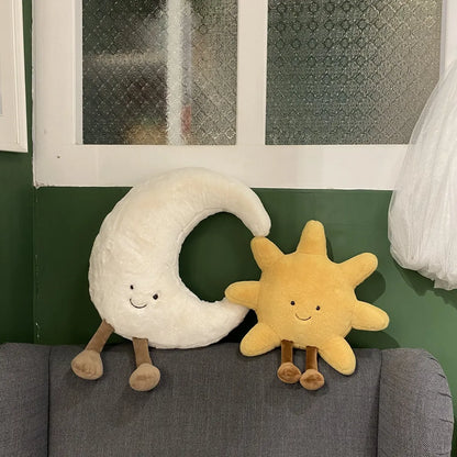 Adorable Smile Face White Moon Yellow Sun Plushie Stuffed Cute Cartoon Weather Plush Toy for Kid Bedroom Decor Sofa Throw Pillow