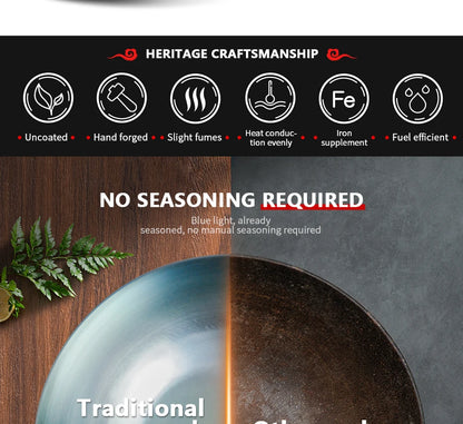 Flat Bottom Wok Pan 13.5" Woks And Stir Fry Pans Blue Iron Cookware Traditional Chinese Cookware For Electric Induction Cooktops