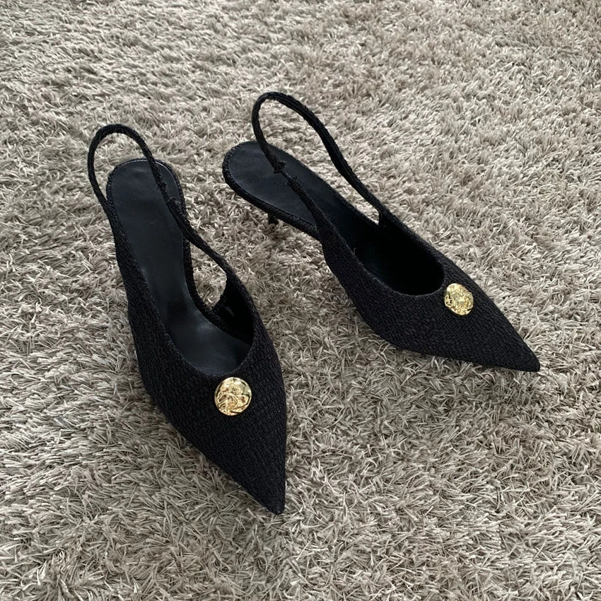 Fashion Women’s Black High Heels Sexy Pointed Shallow Mouth Pumps 2025 Spring Female Slingbacks Dress Office Shoes