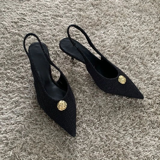 Fashion Women’s Black High Heels Sexy Pointed Shallow Mouth Pumps 2025 Spring Female Slingbacks Dress Office Shoes