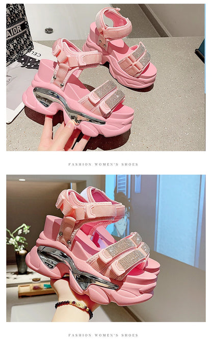 Summer High Platform Women Sandals Buckle 10CM Wedges Bling Shoes Fashion 2023 Outside Chunky Sandals Beach Casual Slides Woman