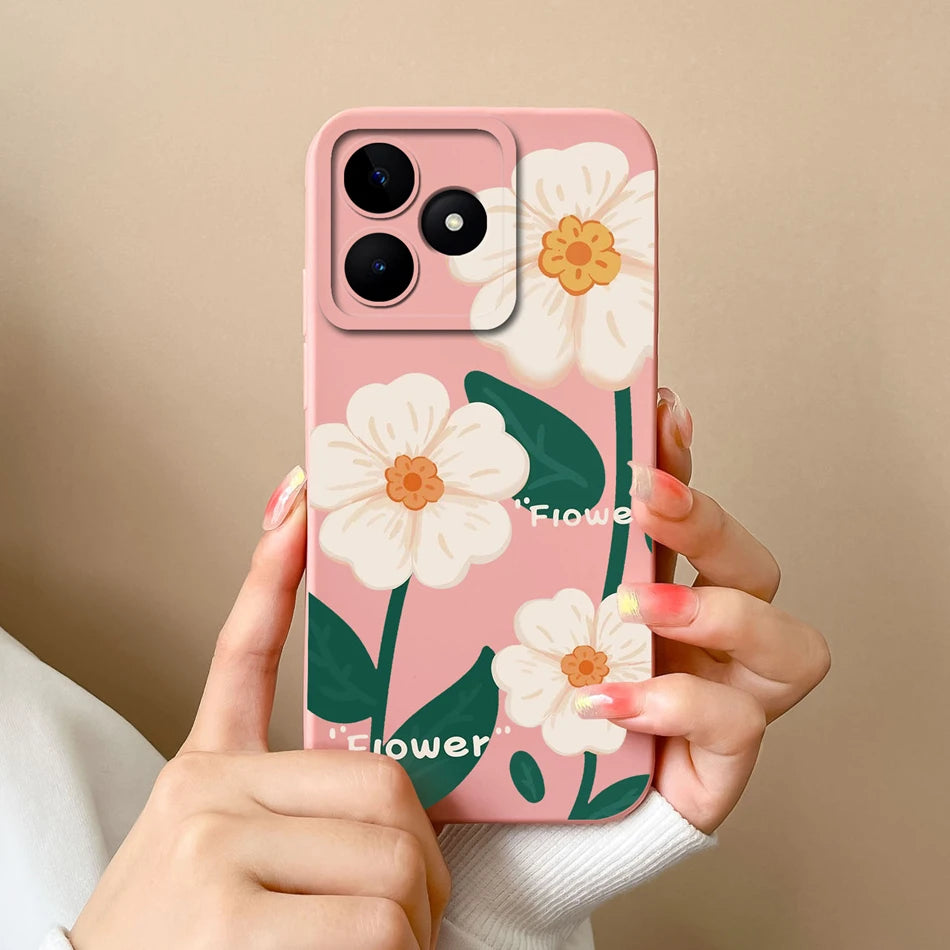 Case For Realme Note 50 Flower Painted Upgrade Lens Protection Soft Back Cover Model RMX3834 Liquid Silicone Phone Protectors
