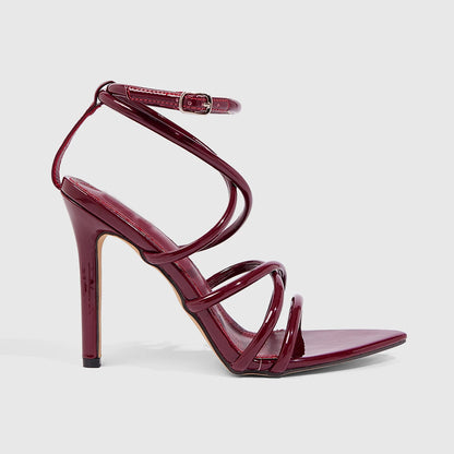 2025 Summer Sexy Ladies High Heels Spaghetti Straps Combination Patent Leather Buckle High Heeled Sandals Women