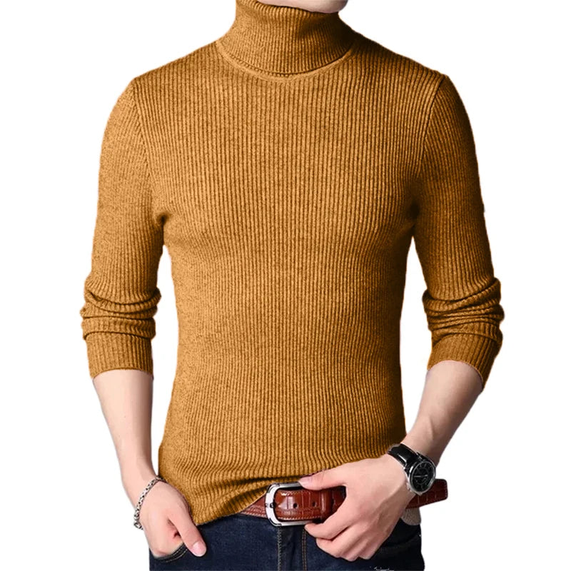 Streetwear Autumn Men's Long Sleeved Turtleneck Sweater Stripes Knitted Oversized Sweaters Homme Solid Color Basic Sweater Men