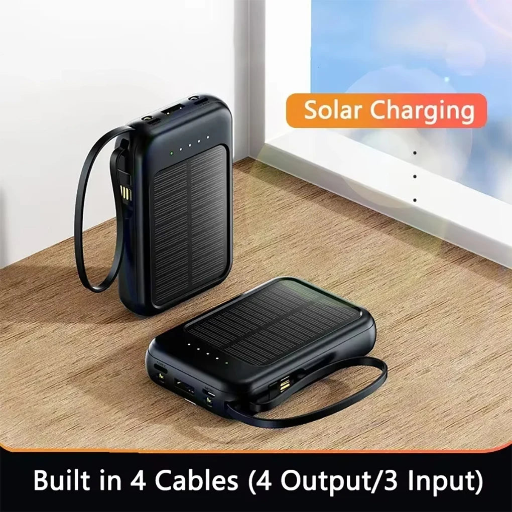 20000mAh High Capacity Solar Power Bank Built 4 Cables Fast Charger 2 USB Ports Portable External Powerbank LED Light Powerbank