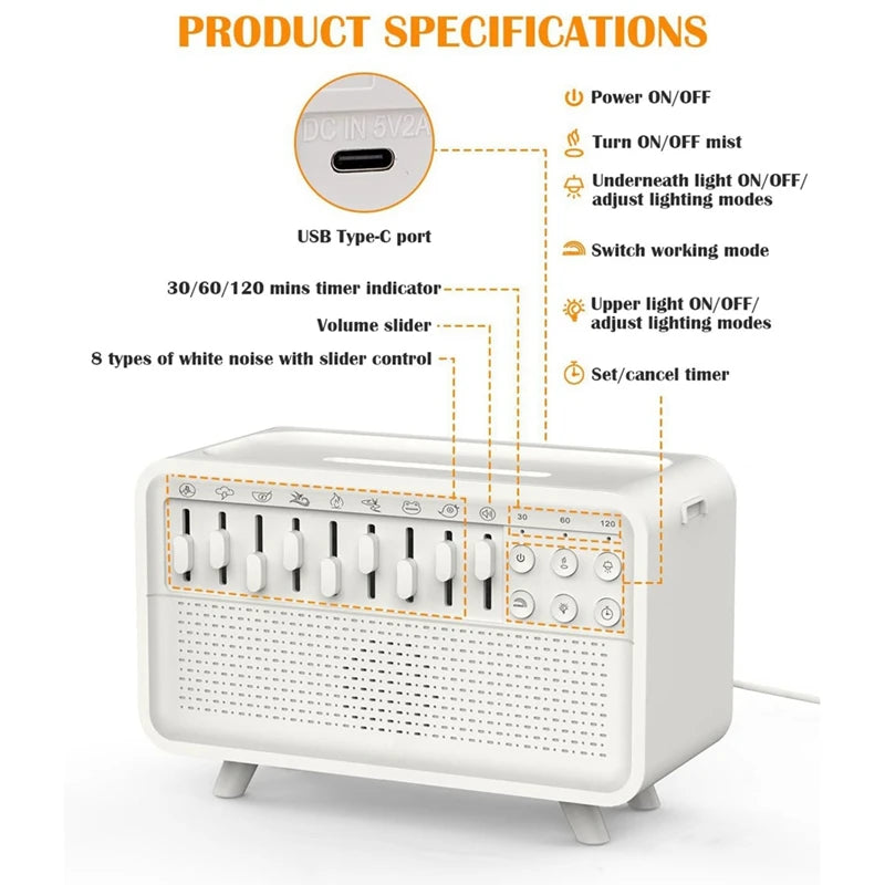 White Noise Machine Diffuser Air Aroma Diffuser Humidifier With 8 White Noise Adjustable, Night Light, Bluetooth Speaker