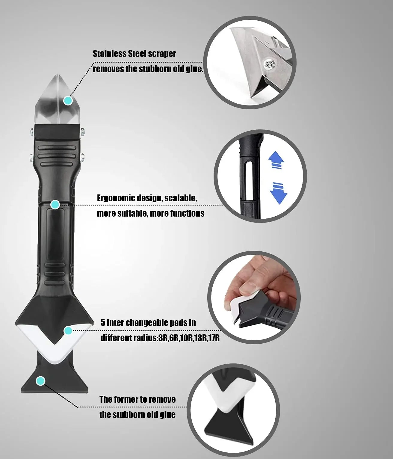 Silicone Caulking Tool 5 in 1 Multi-function Scraper Tool Grout and Caulk Removal Tool for Bathroom Kitchen Floor Window Sink