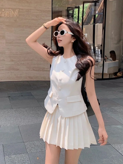 Womans Clothes for 2025 Two Piece Set Sleeveless Tunic Vest Coat High Waist Pleated Mini Skirts Outfits Chic Korean Summer Suit