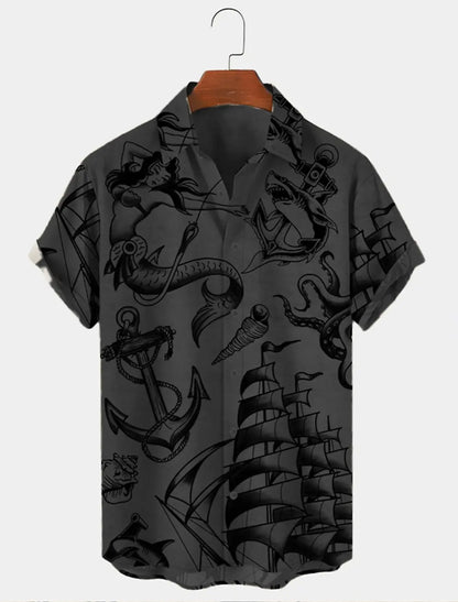 Men's Shirt Mermaid Shark Graphic Prints Anchor Turndown Outdoor Street Short Sleeves Button-Down Print Clothing Fashion Apparel
