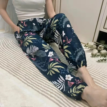 Women's Casual Print Palazzo Pants, Loose Sleep Pyjama Pants, Wide Leg, Thin Shorts, Cropped Pants, Summer Outdoor, ouc1143