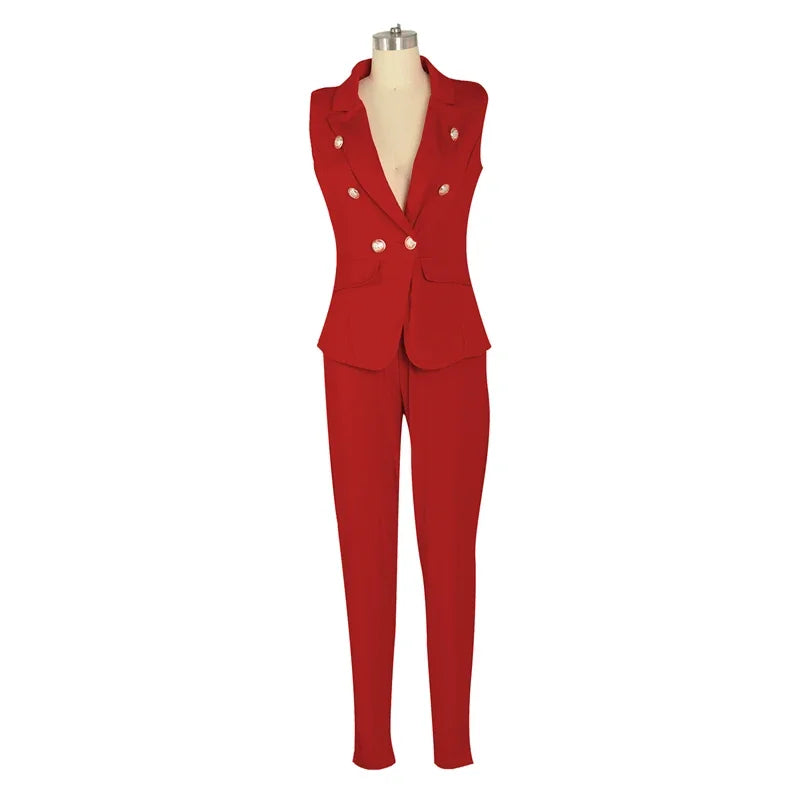 Business OL Work Wear Two Piece Pant Suits for Women Set Elegant Sleeveless Blazer Top + Pencil Pants Office Lady Matching Sets