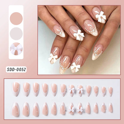 24Pcs Gold Ripple Brown Flowers False Nails with Rhinestones Pearl Design Wearable Almond False Nails Full Cover Press on Nails