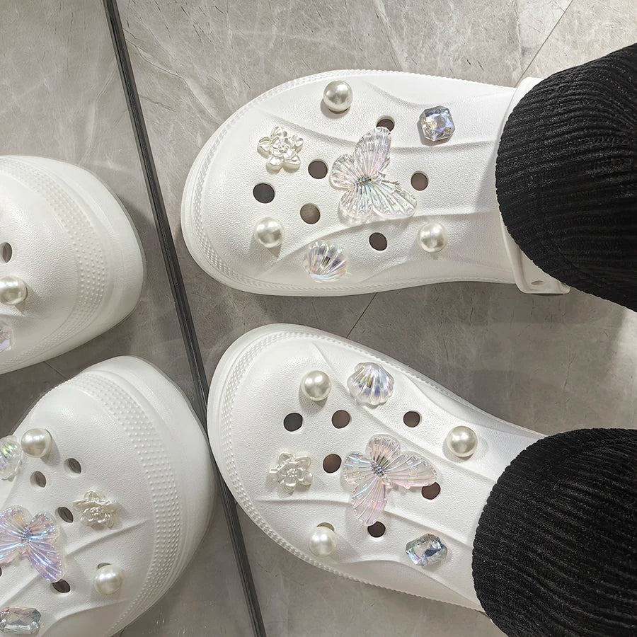 1 set 14pcs Transparent White Pearl Diamond Flower Shoes Decoration Charms Suitable For CROCS Clogs
