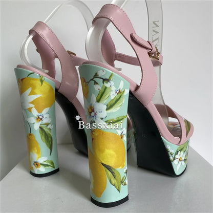 2025 Print Flower High Platform Sandals Women Chunky Heel Genuine Leather Ankle Strap Party Shoes Summer