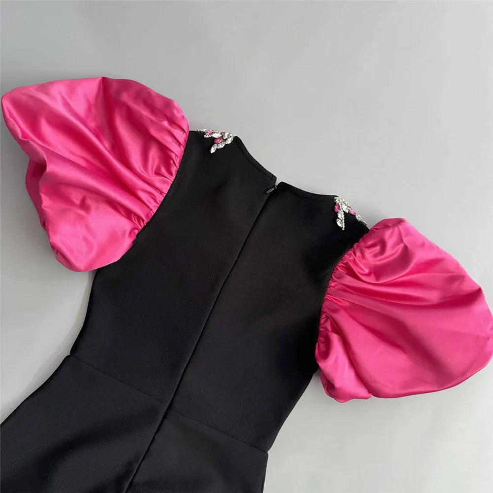 Women Elegant Puff Sleeve Bandage Dress Sexy Beading Bodycon Clothes Celebrity Party Evening Maxi Dresses