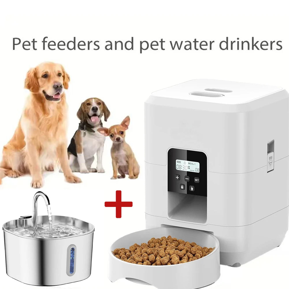 Smart Pet Feeder, Pet Dispenser and Fountain Set, Cat Automatic Feeder with Stainless Steel Fountain, Dog Feeder and Fountain Ki