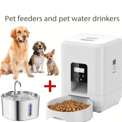 Smart Pet Feeder, Pet Dispenser and Fountain Set, Cat Automatic Feeder with Stainless Steel Fountain, Dog Feeder and Fountain Ki