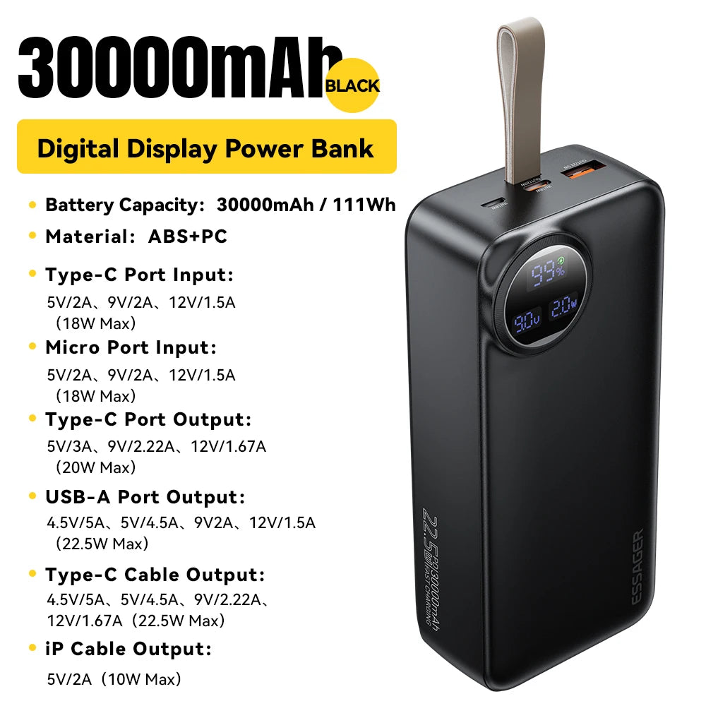 Essager Power Bank 30000mAh 22.5W PD Fast Charging Powerbank Portable Battery Charger For iPhone 15 14 13 12 Pro Max Huawei