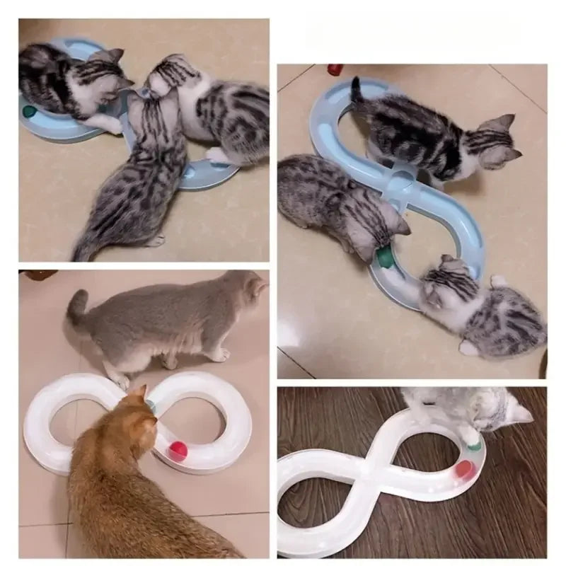 Interactive Cat Turntable Toy - 8-Shaped Track Tunnel with Spinning Ball, Multi-Cat Playhouse for Indoor Kittens