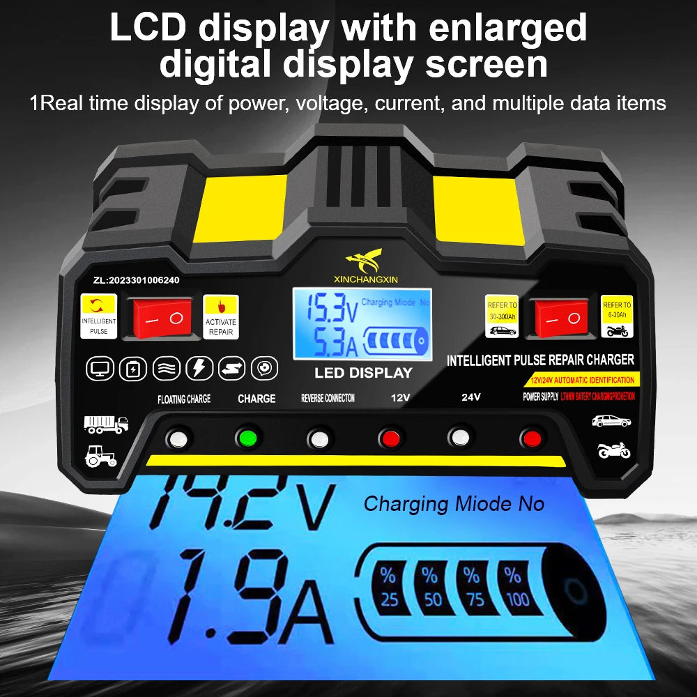 600W Car Battery Chargers 12V 12A / 24V 9A Output Quick Charging Intelligent Automatic Pulse Repair Home Storage Battery Charger