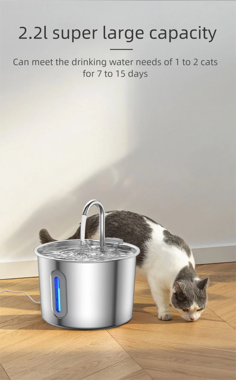 2.2L Automatic Cat Water Fountain With Faucet USB Stainless Steel Filter Silent Water Pump Cat And Dog Water Fountain Supplies