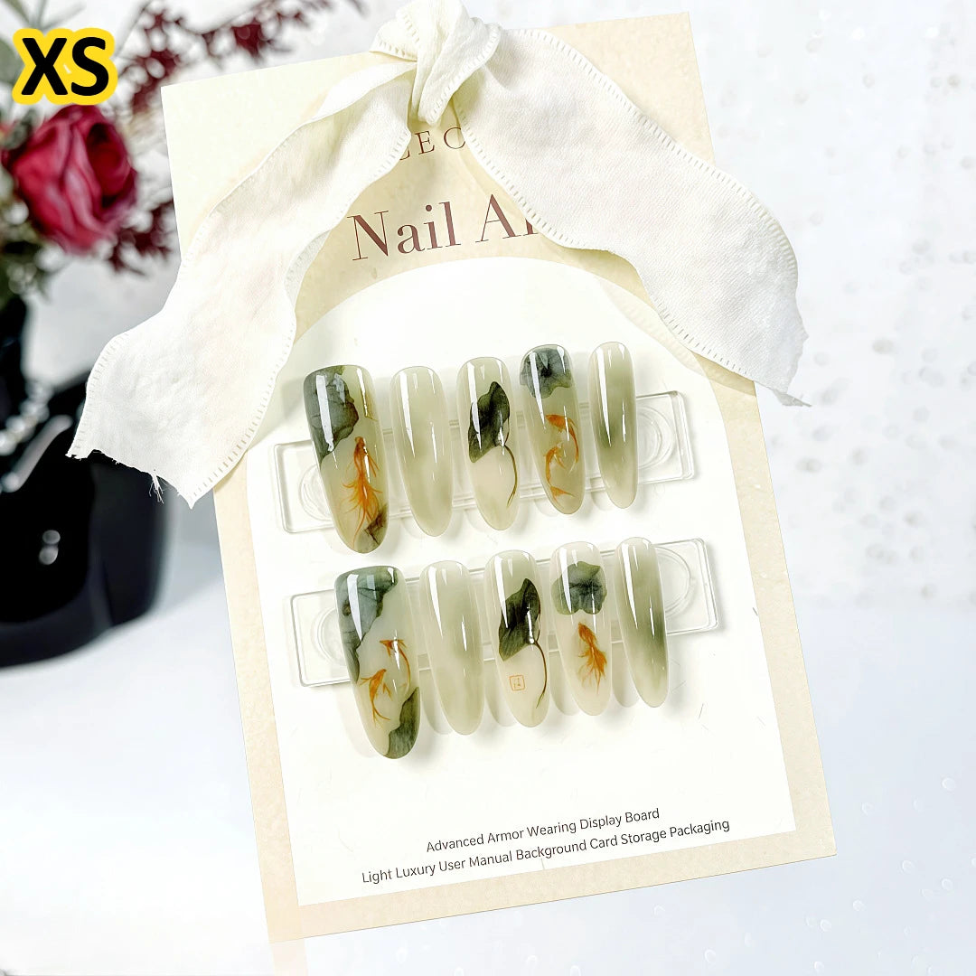 10Pcs Green Chinese Press-on Nails Featuring Lotus Leaf & Koi Crescent Moon and Bamboo Designs Traditional Nail for Women&Girls