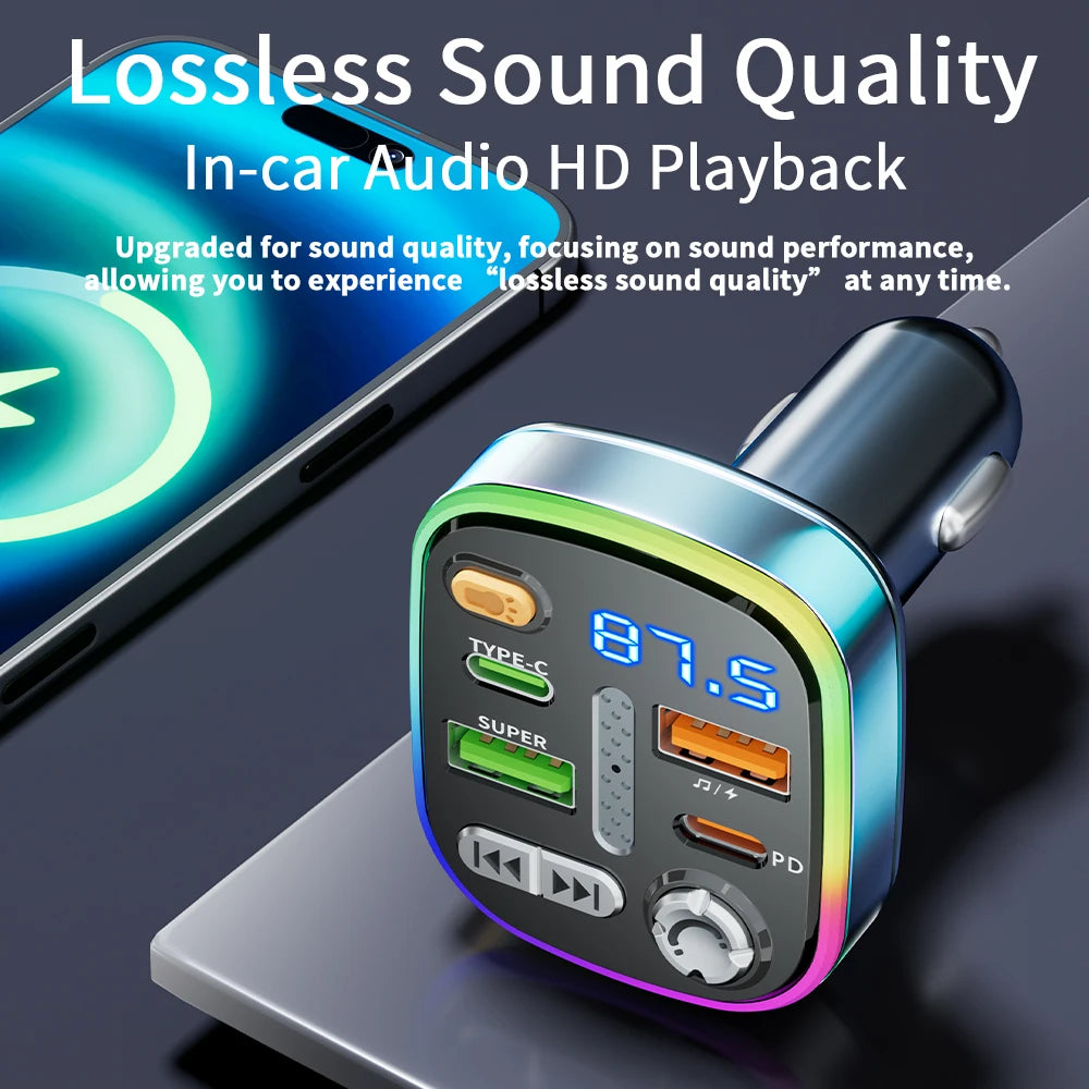 Bluetooth 5.0 FM Transmitter Car Charger Dual PD Type-C Dual USB Ambient Player MP3 Charger Type-C Wireless Light Handsfree