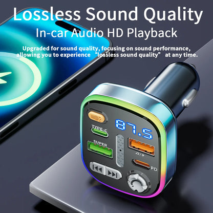 Bluetooth 5.0 FM Transmitter Car Charger Dual PD Type-C Dual USB Ambient Player MP3 Charger Type-C Wireless Light Handsfree