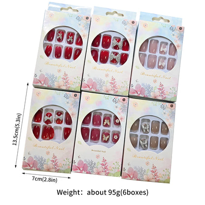 144pcs=6boxes Randomly Press On Nails Short Square Medium Almond Nail Kits 3D Rhinestone Flower Bowtie Reusable Press On Nails