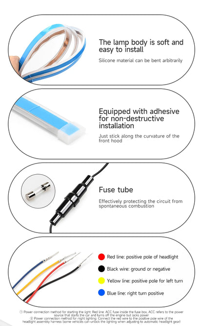 LED Car Hood Decorative Light Strip Start Scan Dynamic Ambient Light Car Daytime Running Light DRL With Turn Signal Lamp 12V