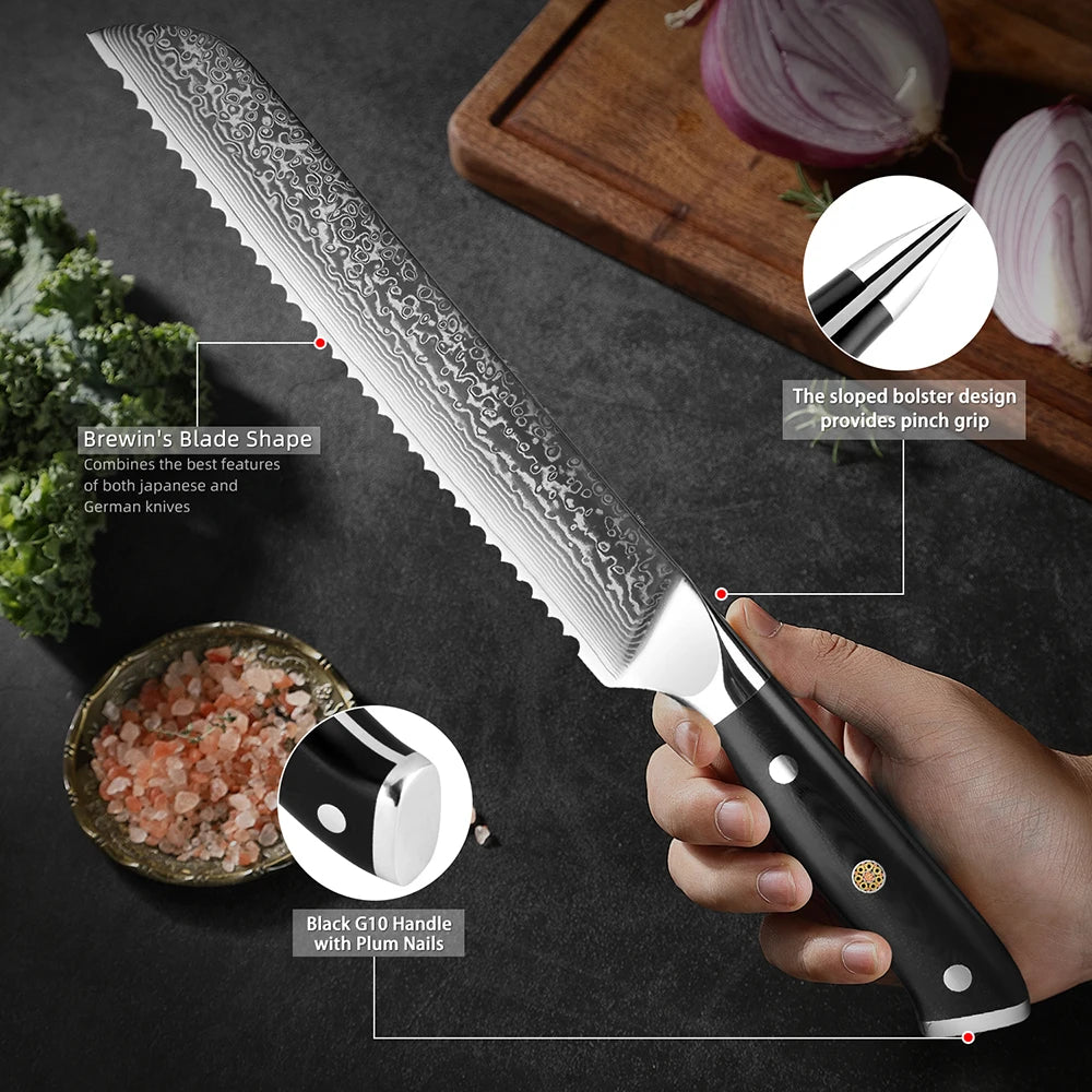 Damascus Bread Knife Professional Japanese VG10 Steel Bread Cutting Knife Serrated Cake Knife Bread Cutter for Crusty Bread