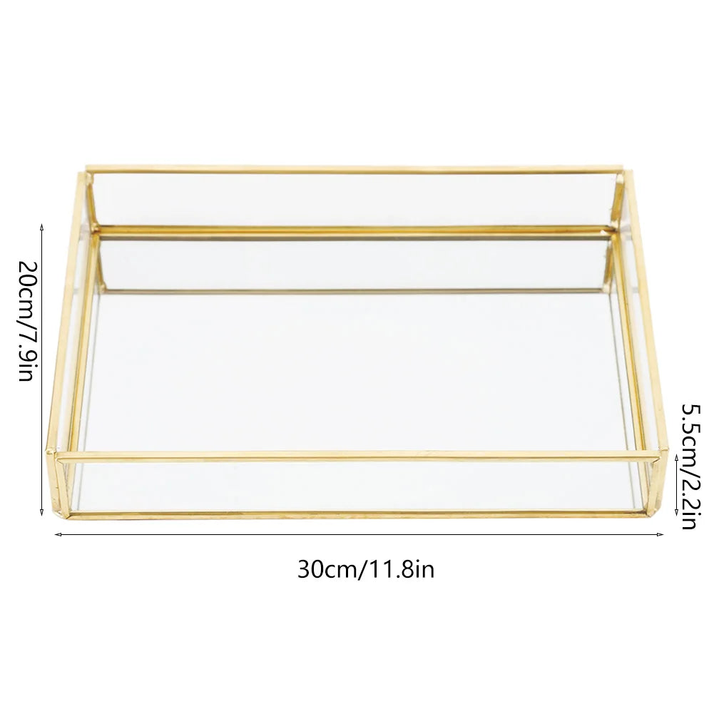 Cosmetics Storage Box Vintage Metal Glass Gold Tray Jewelry Large Capacity Cosmetics Display Boxes for Bedroom Bathroom